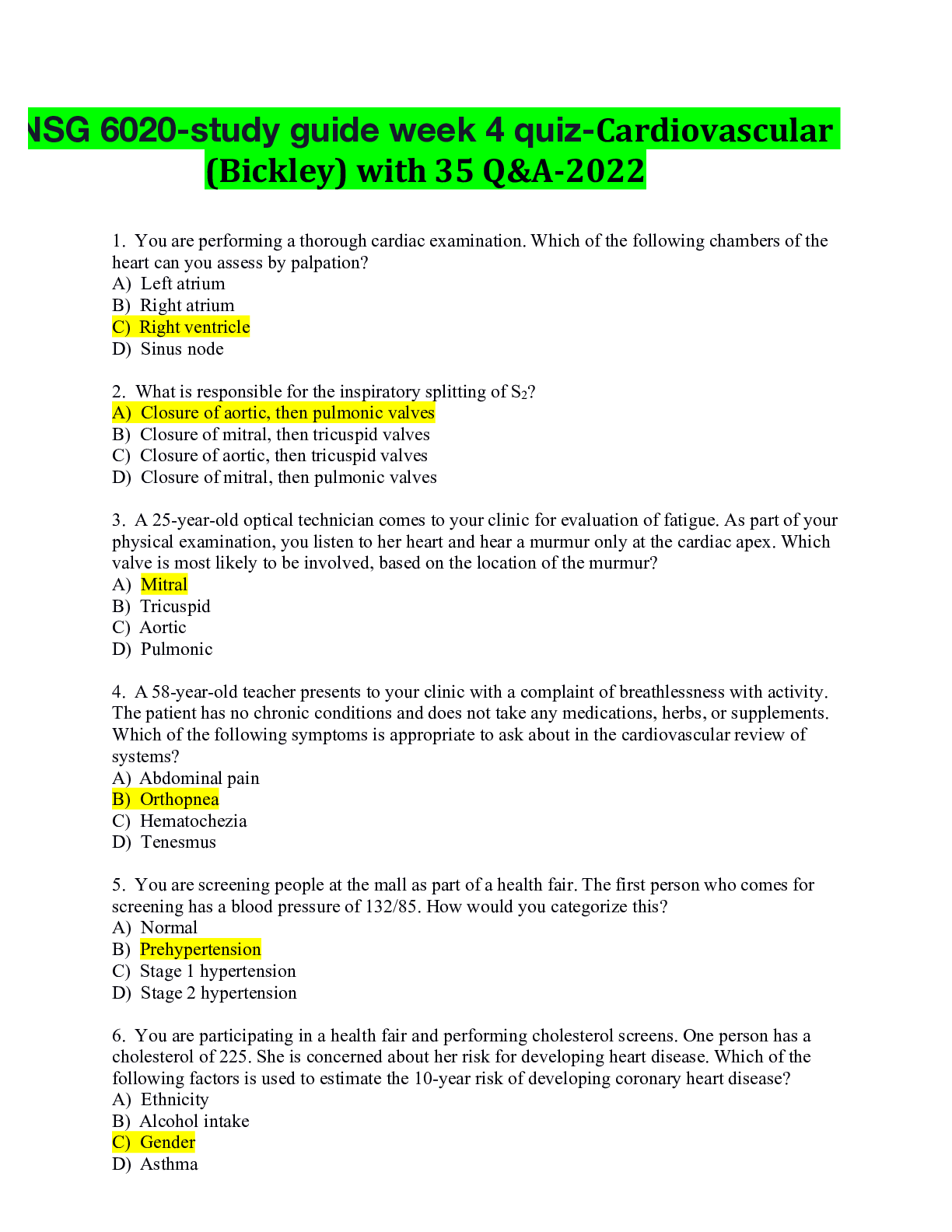 Preview of NSG 6020-study guide week 4 quiz-Cardiovascular (Bickley) with 35 Q&A-2022